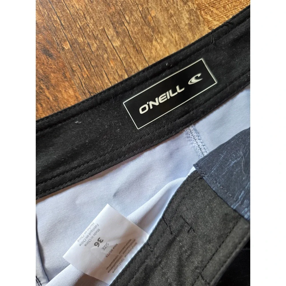 ONeill Mens Board Shorts 36 Black Teal‎ White Colorblock Striped Swim Trunks 9in